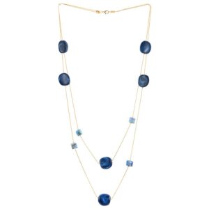 COOLSTEELANDBEYOND Elegant Gold Statement Necklace Two-Strand Long Chain with Blue Cube Crystal Beads and Circle Charms