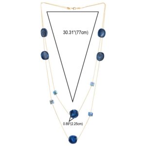 COOLSTEELANDBEYOND Elegant Gold Statement Necklace Two-Strand Long Chain with Blue Cube Crystal Beads and Circle Charms