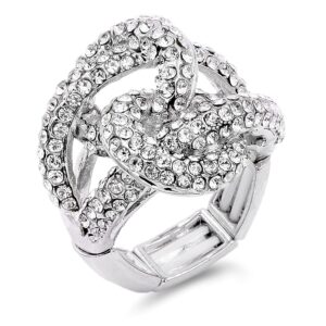 lavencious 2 circles linked design with crystals stretch rings statement rings free size for women (silver)