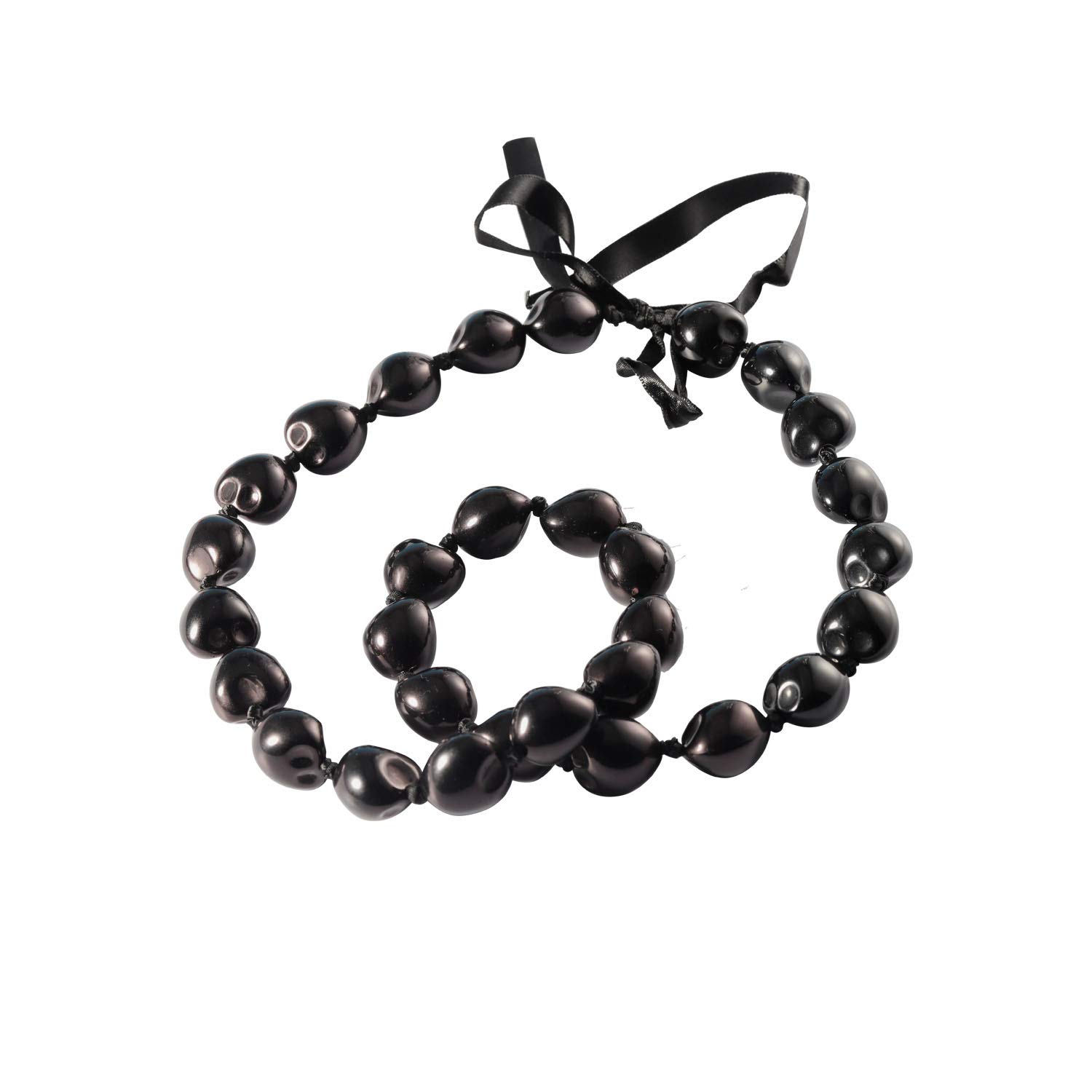 BNQL Chunky Hawaiian Kukui Nut Lei Necklace with Ribbon Bow Closure Graduation Gift (black)