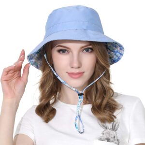 LLmoway Women Packable Sun Hat Lightweight Cotton Fishing Hiking Safari Bucket Hat with Strap Blue