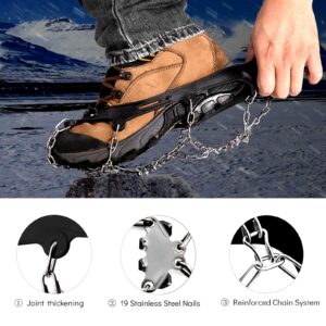 Sfee Ice Snow Grips Crampons Traction Cleats,19 Stainless Steel Spikes for Women Men Kids, Anti Slip Flexible Shoe/Boot Footwear for Walking Climbing Hiking Fishing Outdoor(Black,L(US:8-11))