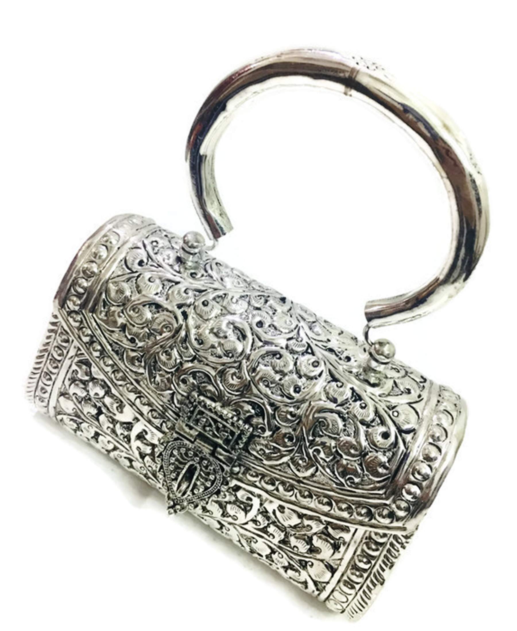 Indian Brass Clutch Silver white clutches Vintage Handmade Brass metal purse Hand clutch Handbag for women party Bride marriage clutch