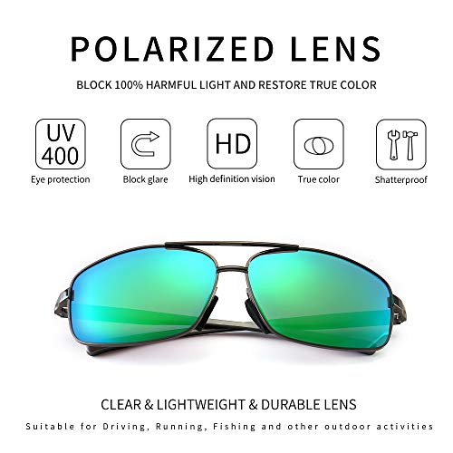 SUNGAIT Ultra Lightweight Rectangular Polarized Sunglasses UV400 Protection (Gunmetal Frame Green Mirror Lens, 62) Metal Frame 2458 QKLV