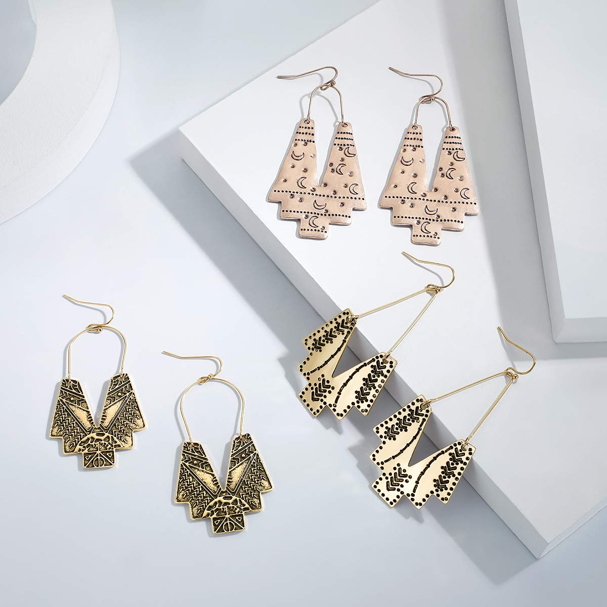 Zealmer Gold Geometric Earrings Statement Vintage Boho Ethnic Earrings Hollow Out Fan Shape Dangle Drop Earrings for Women Birthday Christmas Valentines Day Gift