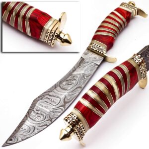 skokie knives custom hand made damascus steel hunting bowie knife handle camel bone (red)