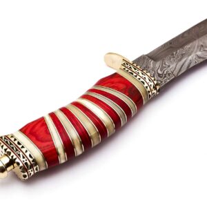 Skokie Knives Custom Hand Made Damascus Steel Hunting Bowie Knife Handle Camel Bone (Red)