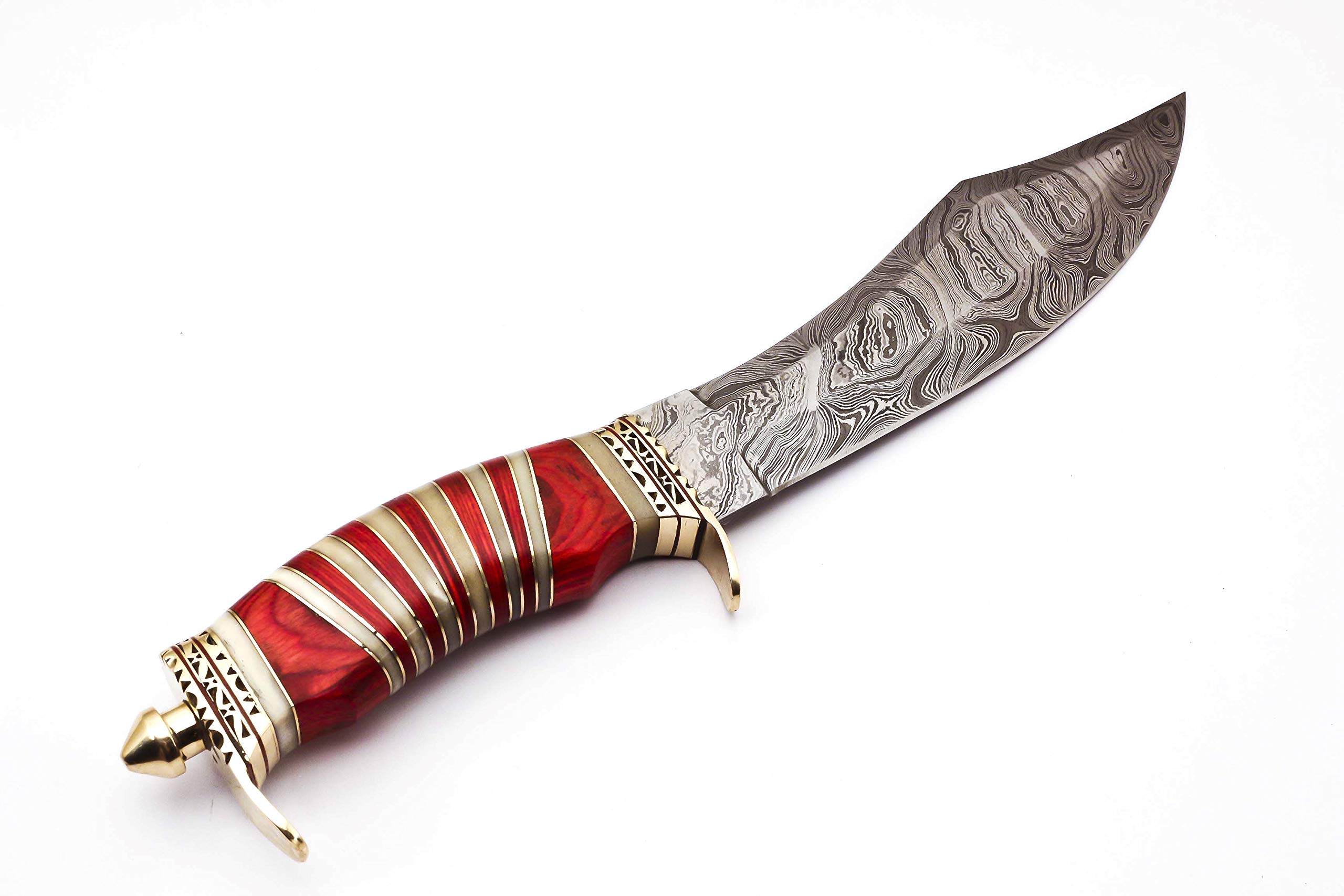 Skokie Knives Custom Hand Made Damascus Steel Hunting Bowie Knife Handle Camel Bone (Red)