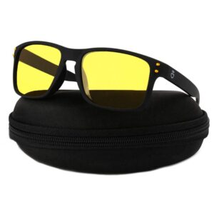 optix 55 polarized night driving glasses for men & women - yellow-tinted, anti-glare with hard case