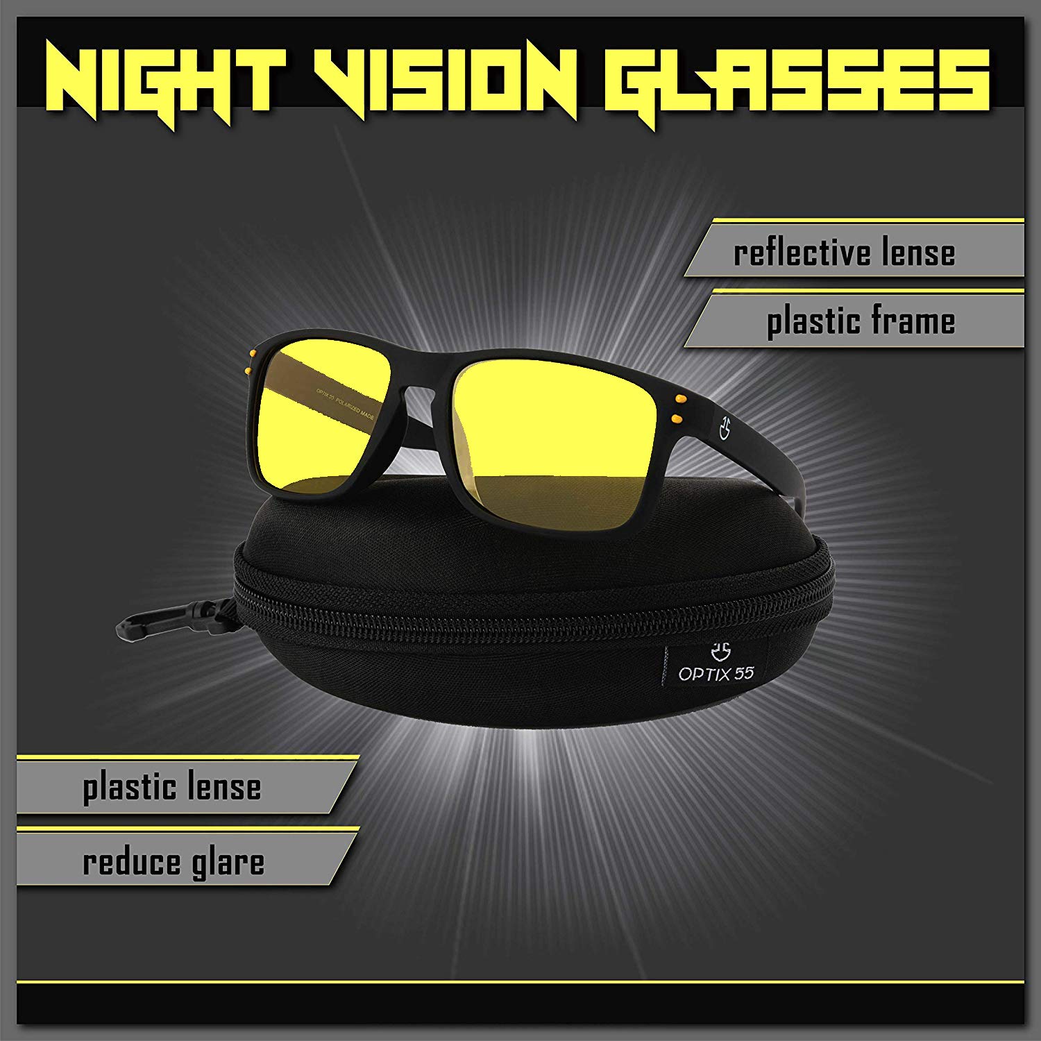 Optix 55 Polarized Night Driving Glasses for Men & Women - Yellow-Tinted, Anti-Glare with Hard Case