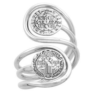 sterling silver st benedict ring for women wire wrapped 2 medals bypass handmade 1 1/4 inch long, size 7