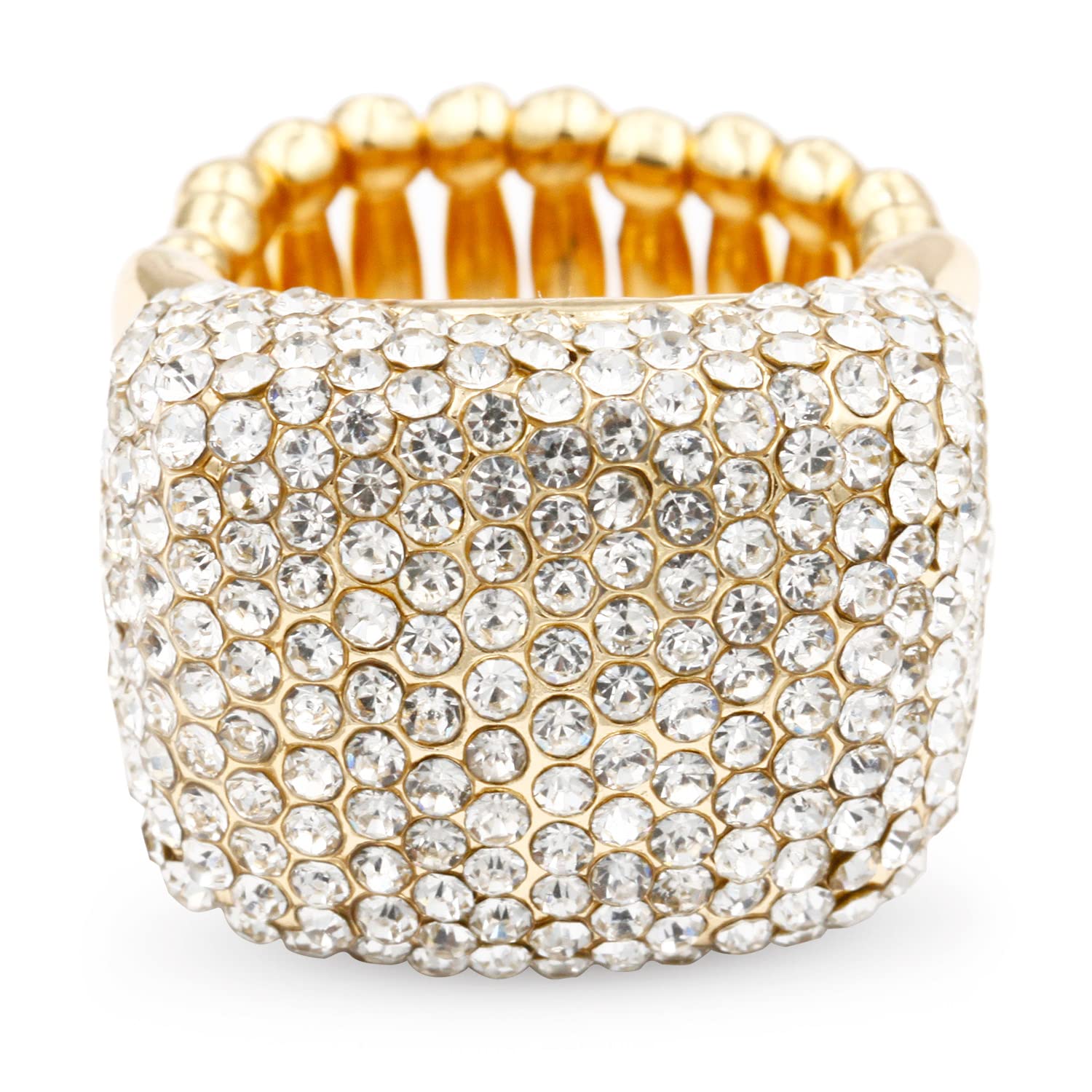 Lavencious Half Cube Shape with Crystals Stretch Rings Statement Rings Free Size for Women (Gold + Clear Crystals)