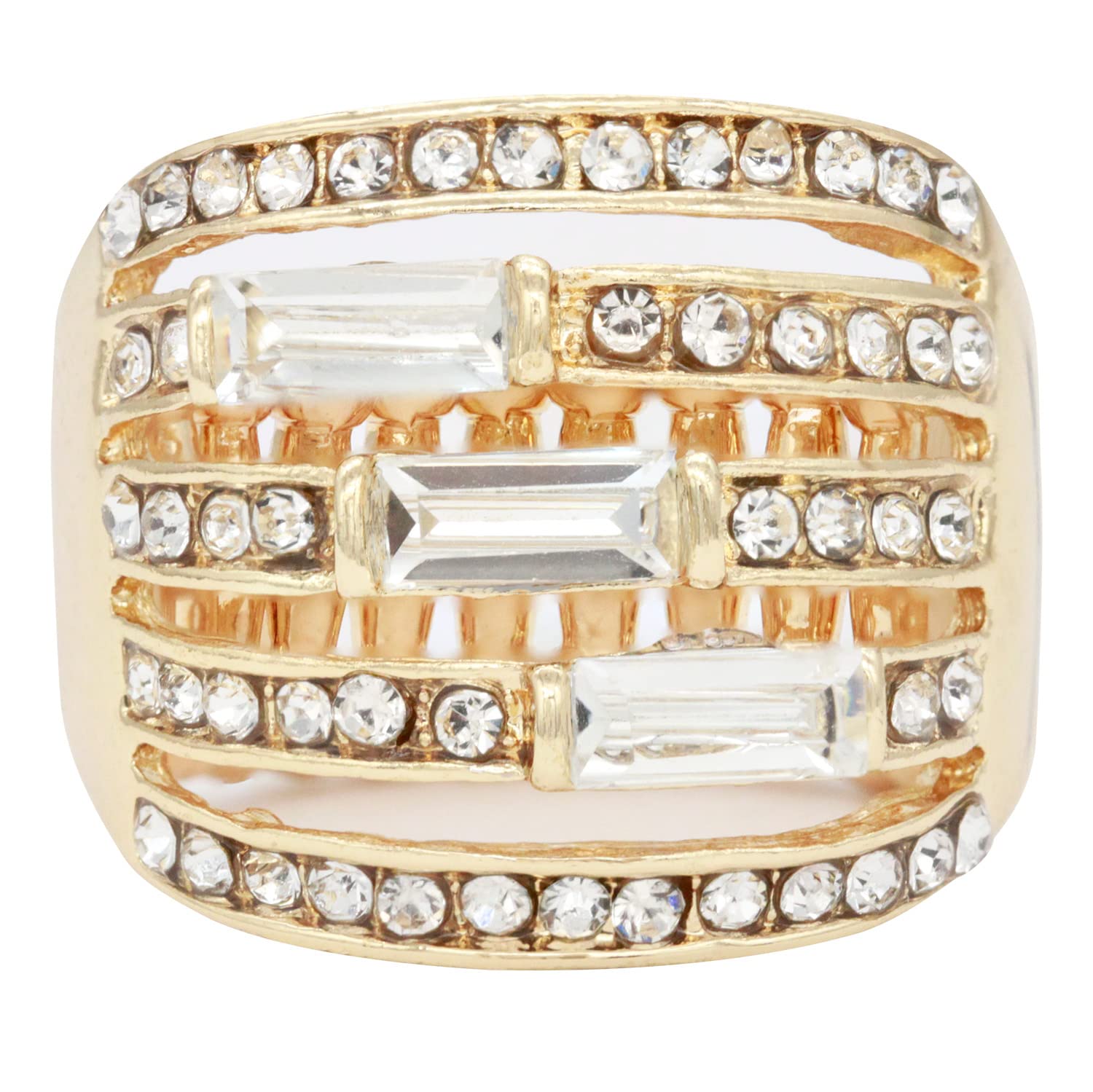 Lavencious 5 Rows Design with Crystals Stretch Rings Statement Rings Free Size for Women (Gold + Clear Crystals)