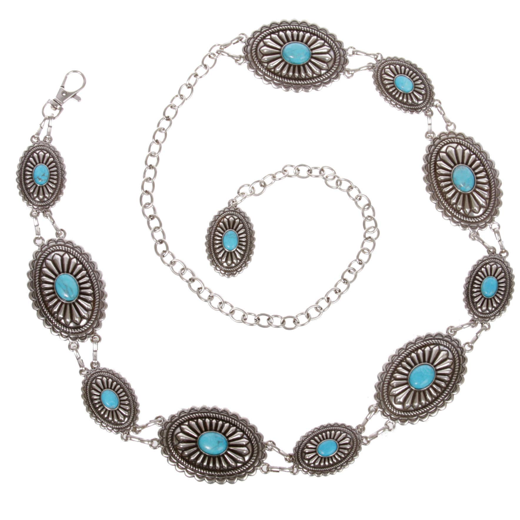 Women's Western Oval Turquoise Stone Concho Chain Belt, Silver | One Size