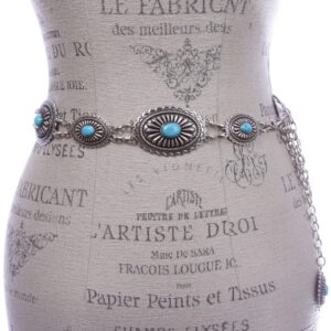 Women's Western Oval Turquoise Stone Concho Chain Belt, Silver | One Size