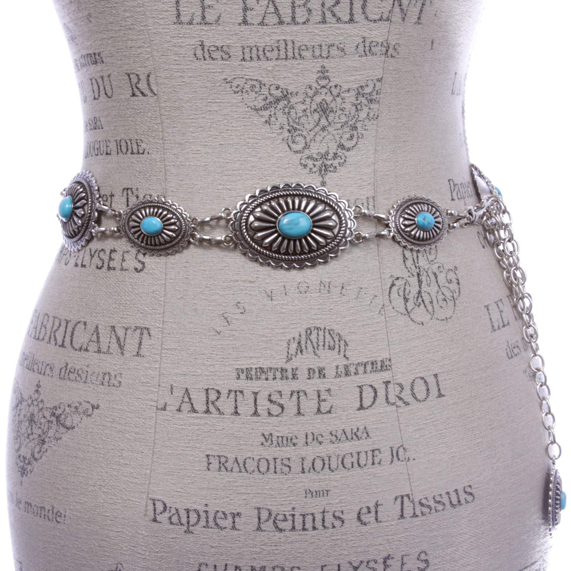 Women's Western Oval Turquoise Stone Concho Chain Belt, Silver | One Size