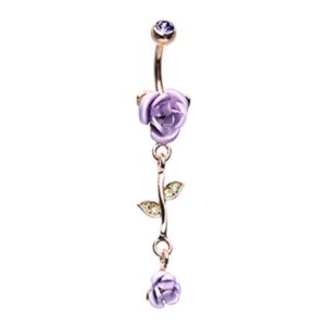 pierced owl cz crystal leaves and vine rose flower dangle belly button navel ring (purple)