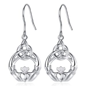 INFUSEU Claddagh Celtic Dangle Earrings for Women Sterling Silver Irish Trinity Knot Drop Earrings Charm Jewelry