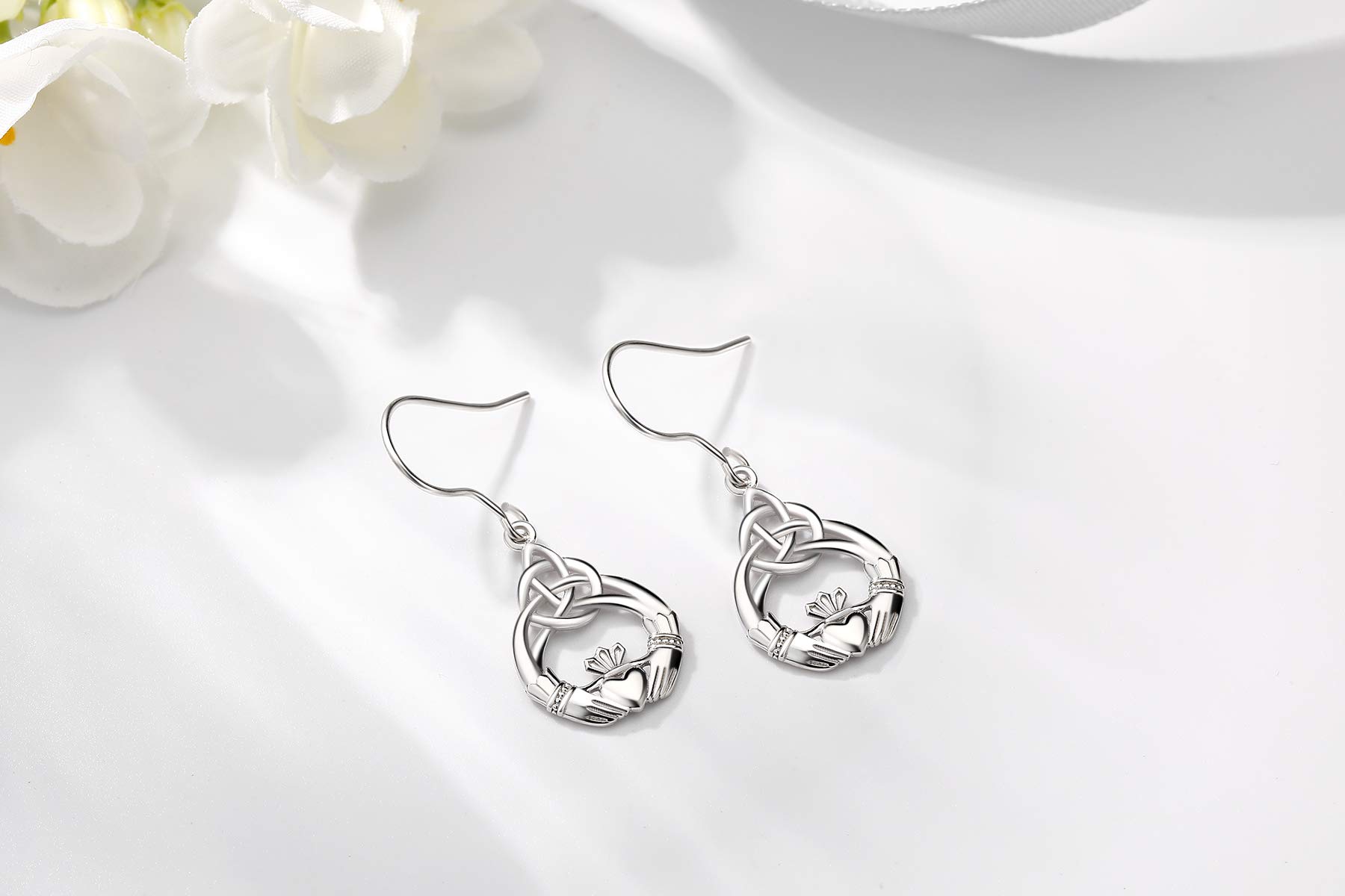 INFUSEU Claddagh Celtic Dangle Earrings for Women Sterling Silver Irish Trinity Knot Drop Earrings Charm Jewelry