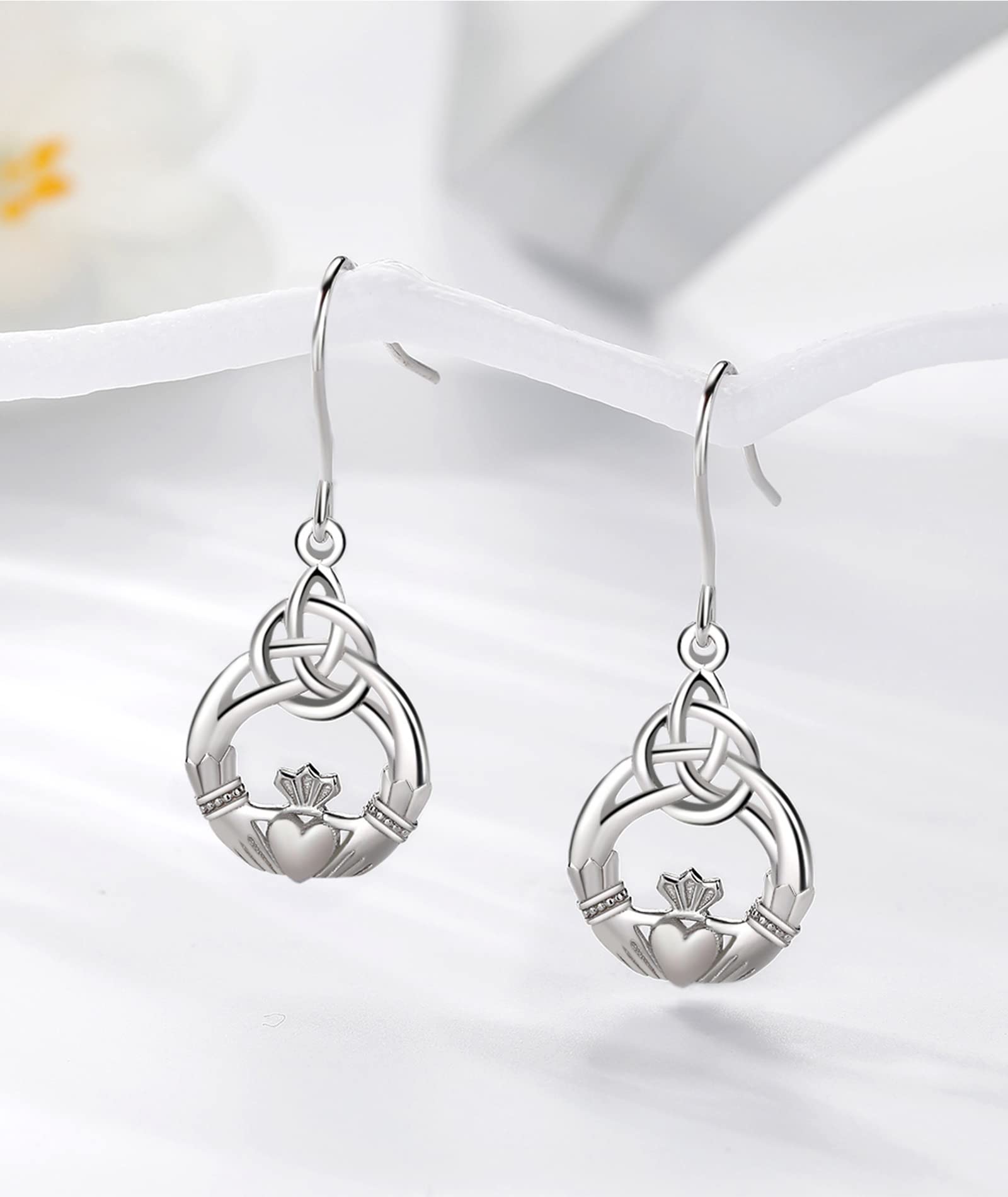 INFUSEU Claddagh Celtic Dangle Earrings for Women Sterling Silver Irish Trinity Knot Drop Earrings Charm Jewelry