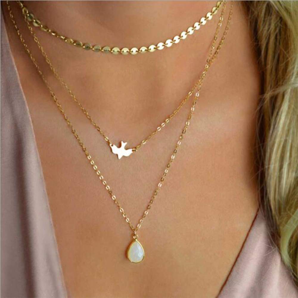 Chmier Bohemia Layered Choker Necklace Gold Disc Choker Dove Necklace Gemstone Necklace Pigeon Gem Charm Pendant Necklace Peace Jewelry for Women