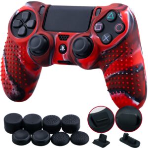 9cdeer 1 piece of silicone studded dots protective sleeve case cover skin + 8 thumb grips analog caps + 2 dust proof plugs for ps4/slim/pro controller, camouflage red