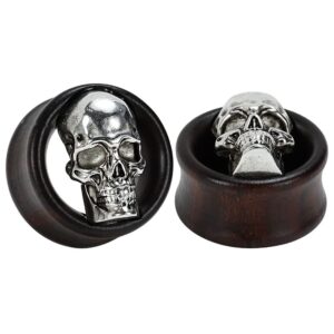 cooear ebony wood metal skull style gauges for ears piercing body jewelry tunnels plugs 1 pair selling 0g to 1 inch