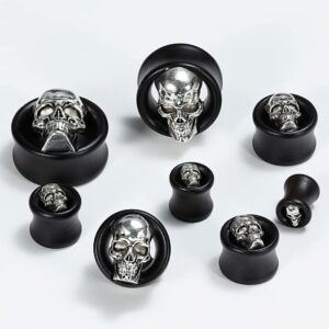 COOEAR Ebony Wood Metal Skull Style Gauges for Ears Piercing Body Jewelry Tunnels Plugs 1 Pair Selling 0g to 1 Inch