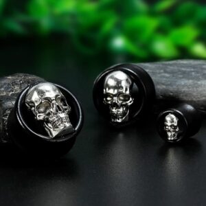 COOEAR Ebony Wood Metal Skull Style Gauges for Ears Piercing Body Jewelry Tunnels Plugs 1 Pair Selling 0g to 1 Inch