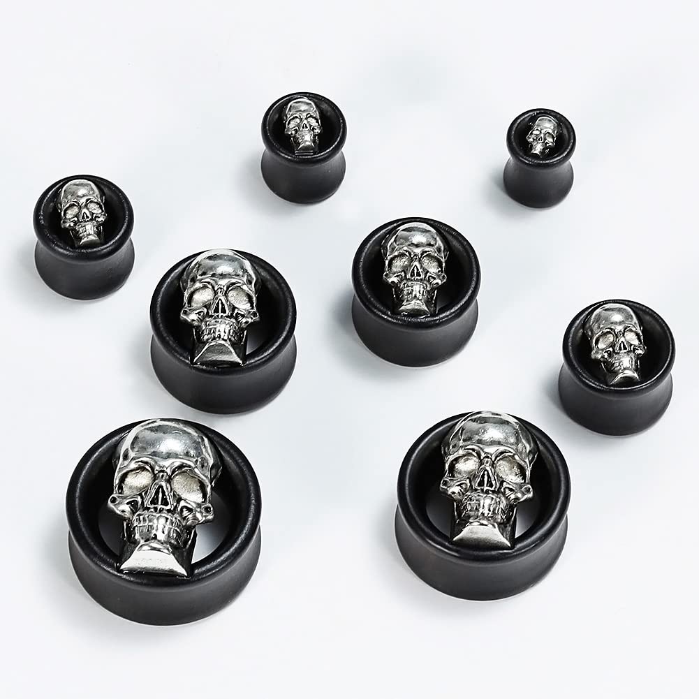 COOEAR Ebony Wood Metal Skull Style Gauges for Ears Piercing Body Jewelry Tunnels Plugs 1 Pair Selling 0g to 1 Inch