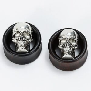 COOEAR Ebony Wood Metal Skull Style Gauges for Ears Piercing Body Jewelry Tunnels Plugs 1 Pair Selling 0g to 1 Inch