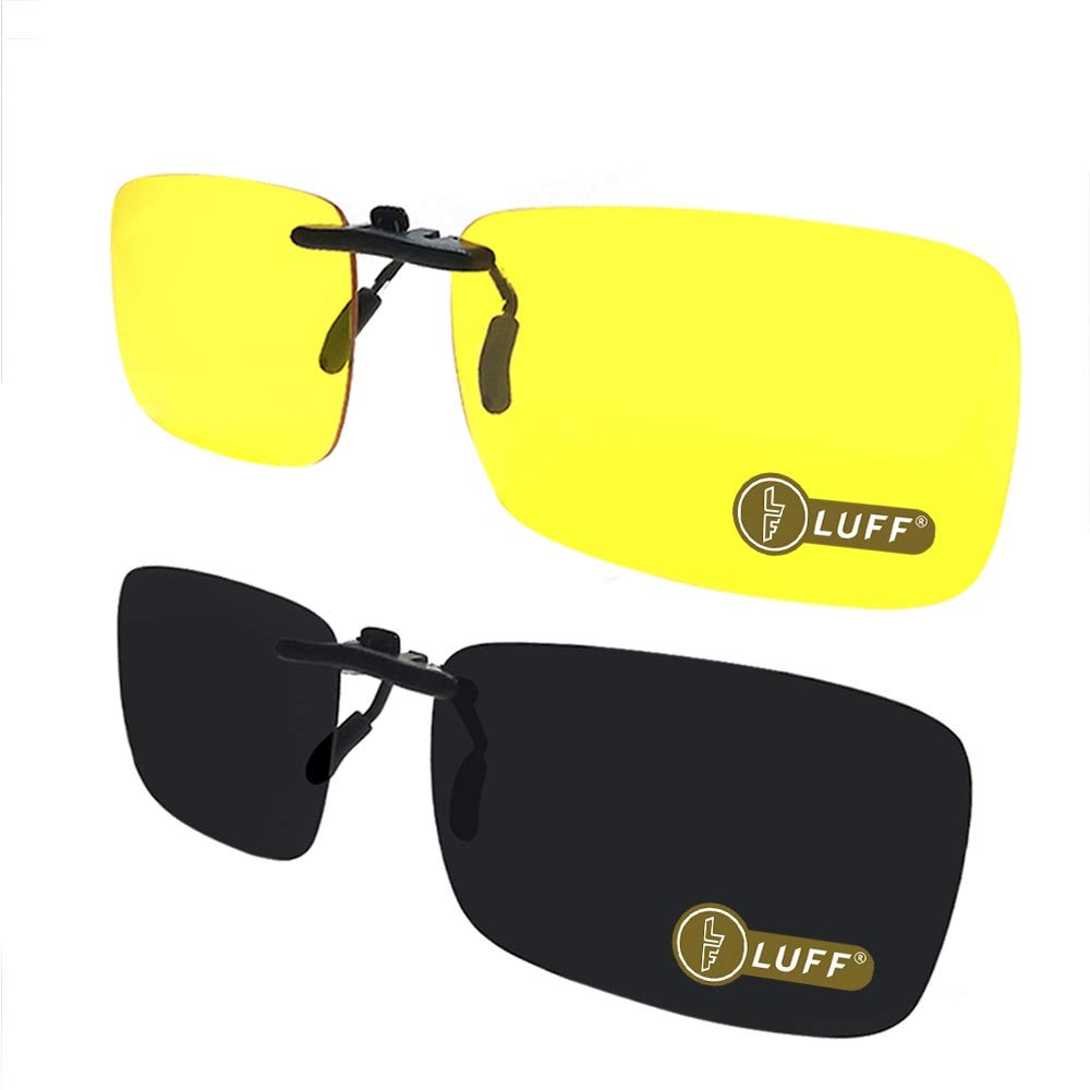 LUFF 2-Pair Polarized/Night Vision Clip on Sunglasses/Myopia Glasses for Driving (Black-Yellow)