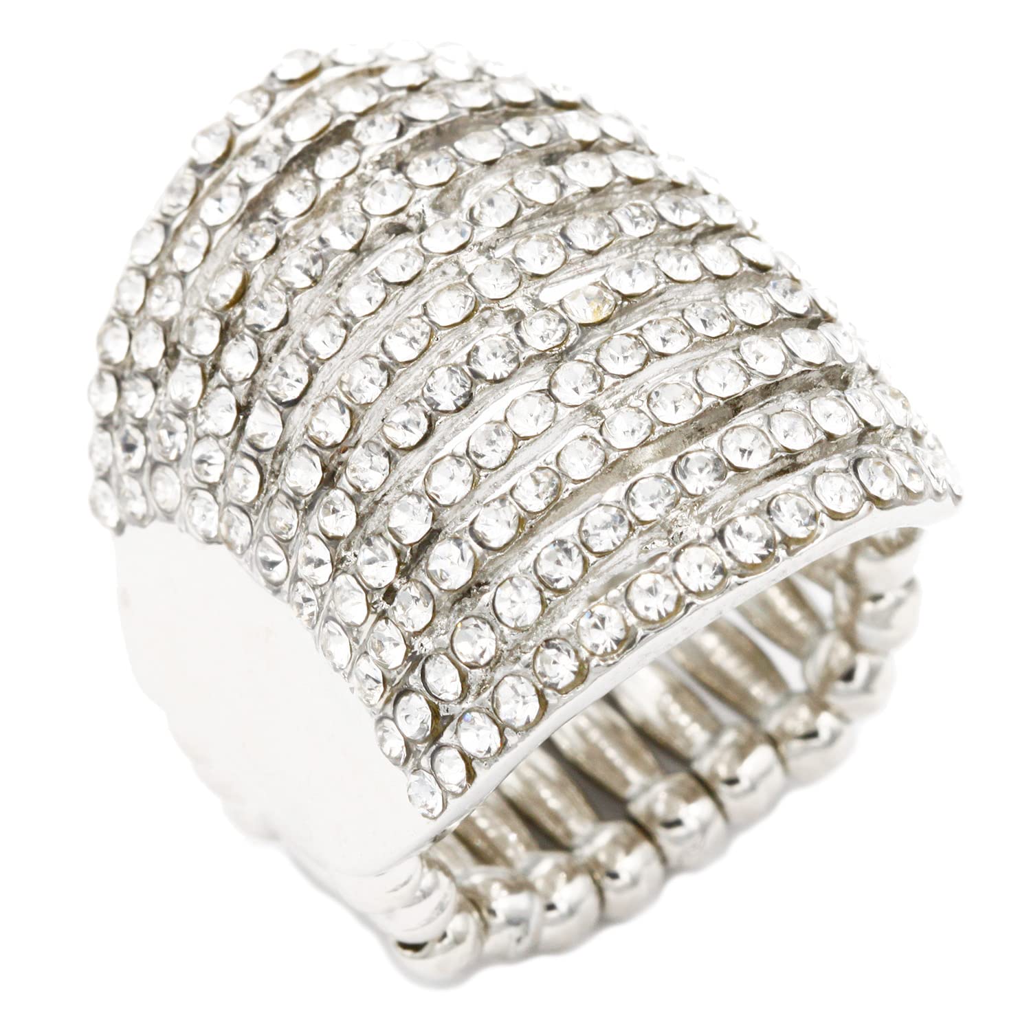 Lavencious 11 Rows with Crystals Stretch Rings Statement Rings Free Size 7 to 9 for Women (Silver + Clear Crystals)