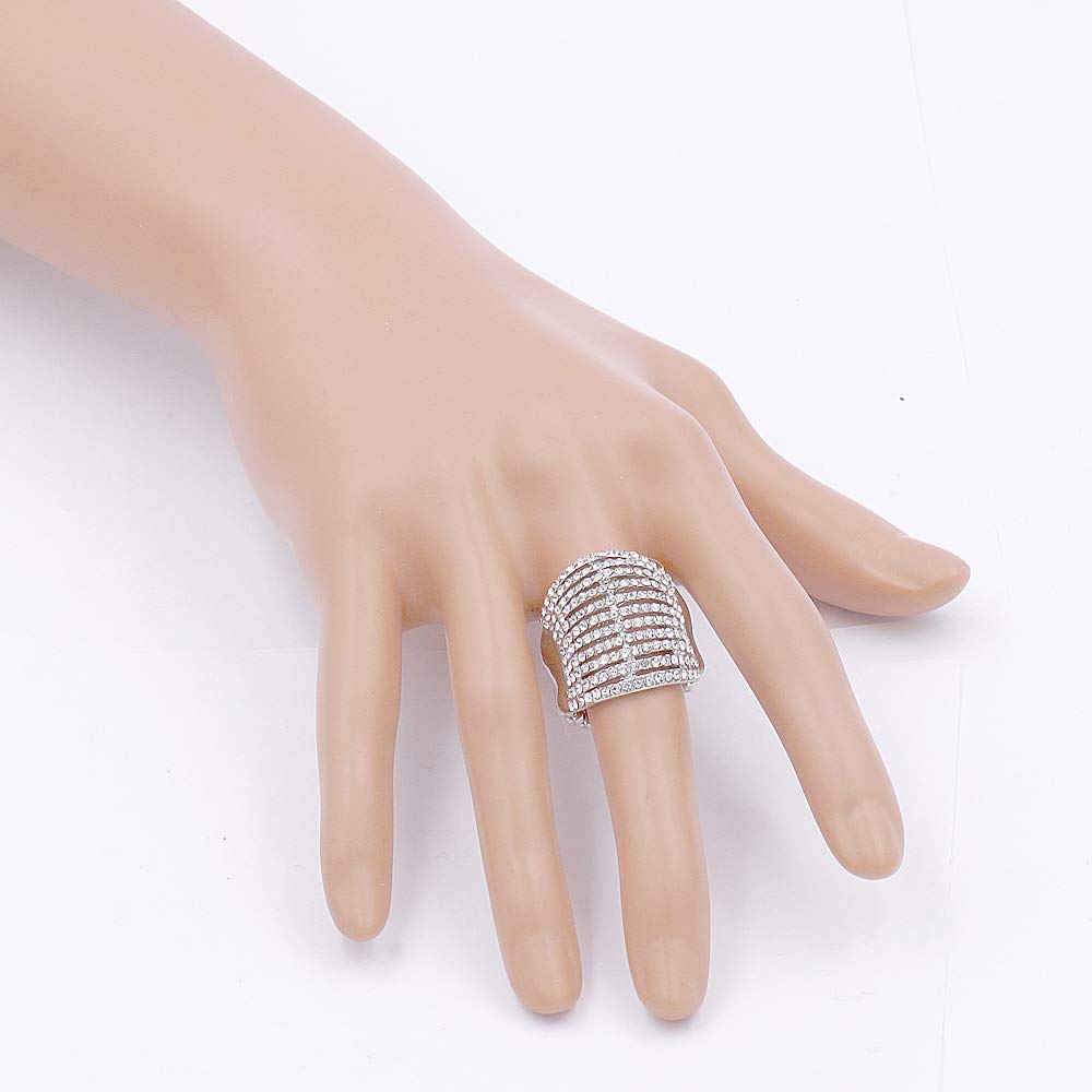 Lavencious 11 Rows with Crystals Stretch Rings Statement Rings Free Size 7 to 9 for Women (Silver + Clear Crystals)