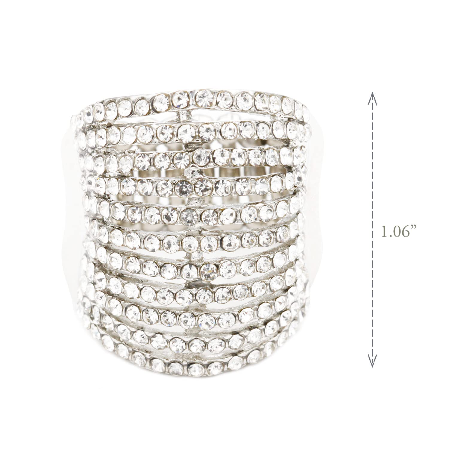 Lavencious 11 Rows with Crystals Stretch Rings Statement Rings Free Size 7 to 9 for Women (Silver + Clear Crystals)