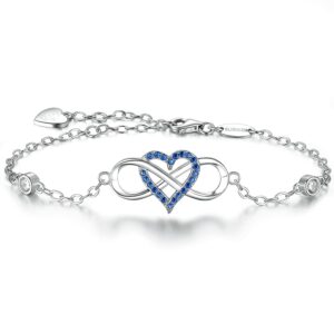 blinggem bracelet for women white gold-plated 925 sterling silver blue cubic zirconia infinity heart charm something blue bride birthday wedding jewelry gifts for women