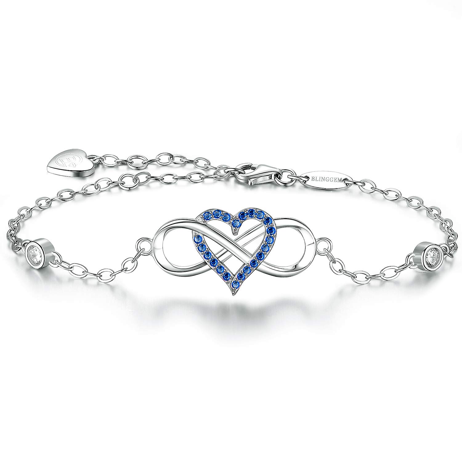 BlingGem Bracelet for Women White Gold-Plated 925 Sterling Silver Blue Cubic Zirconia Infinity Heart Charm Something Blue Bride Birthday Wedding Jewelry Gifts for Women