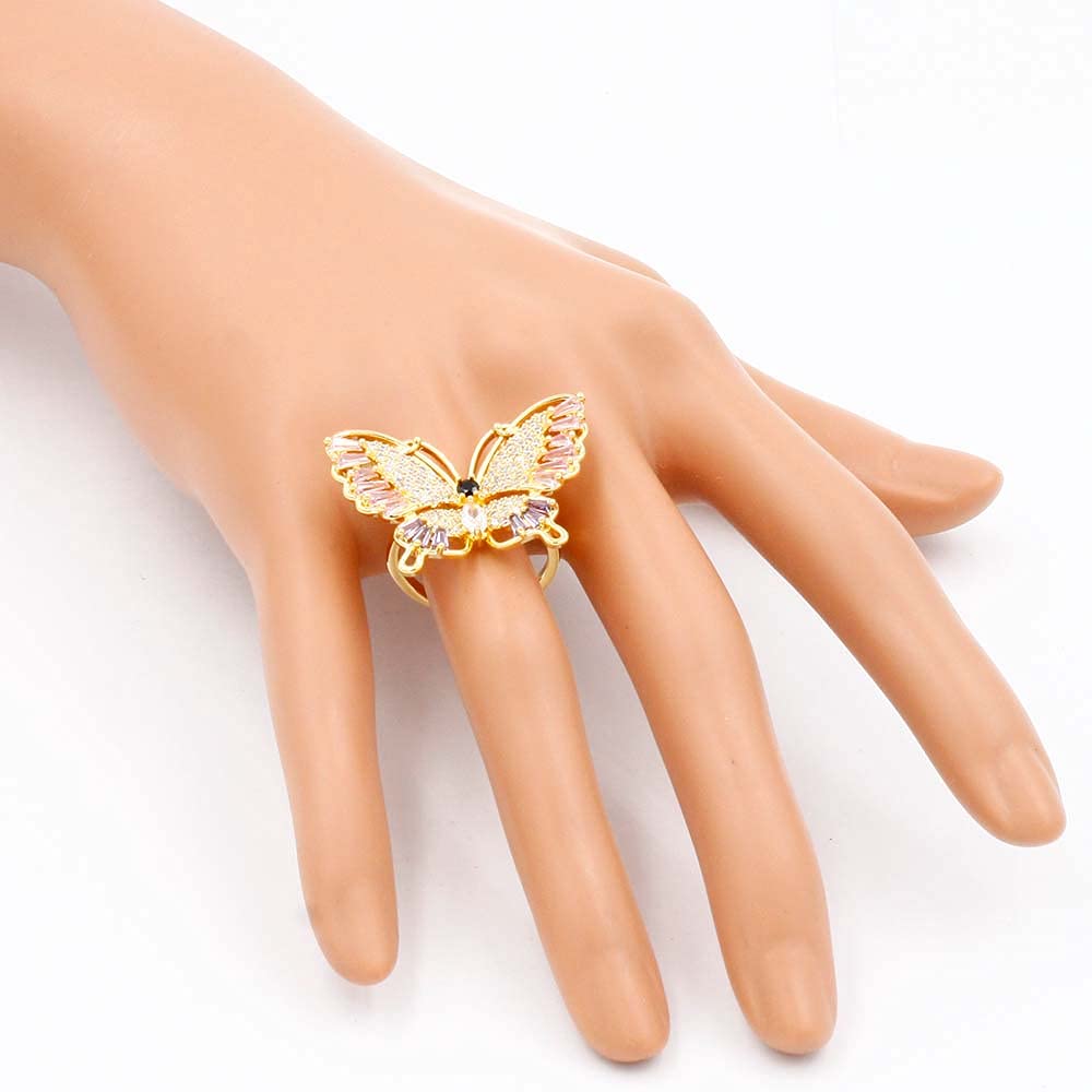 Lavencious Butterfly Design with AAA CZ Color Stones Adjustable Statement Rings for Women (Gold + Multi Color CZ)