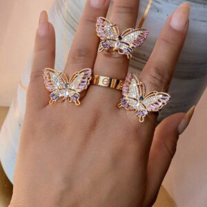 Lavencious Butterfly Design with AAA CZ Color Stones Adjustable Statement Rings for Women (Gold + Multi Color CZ)