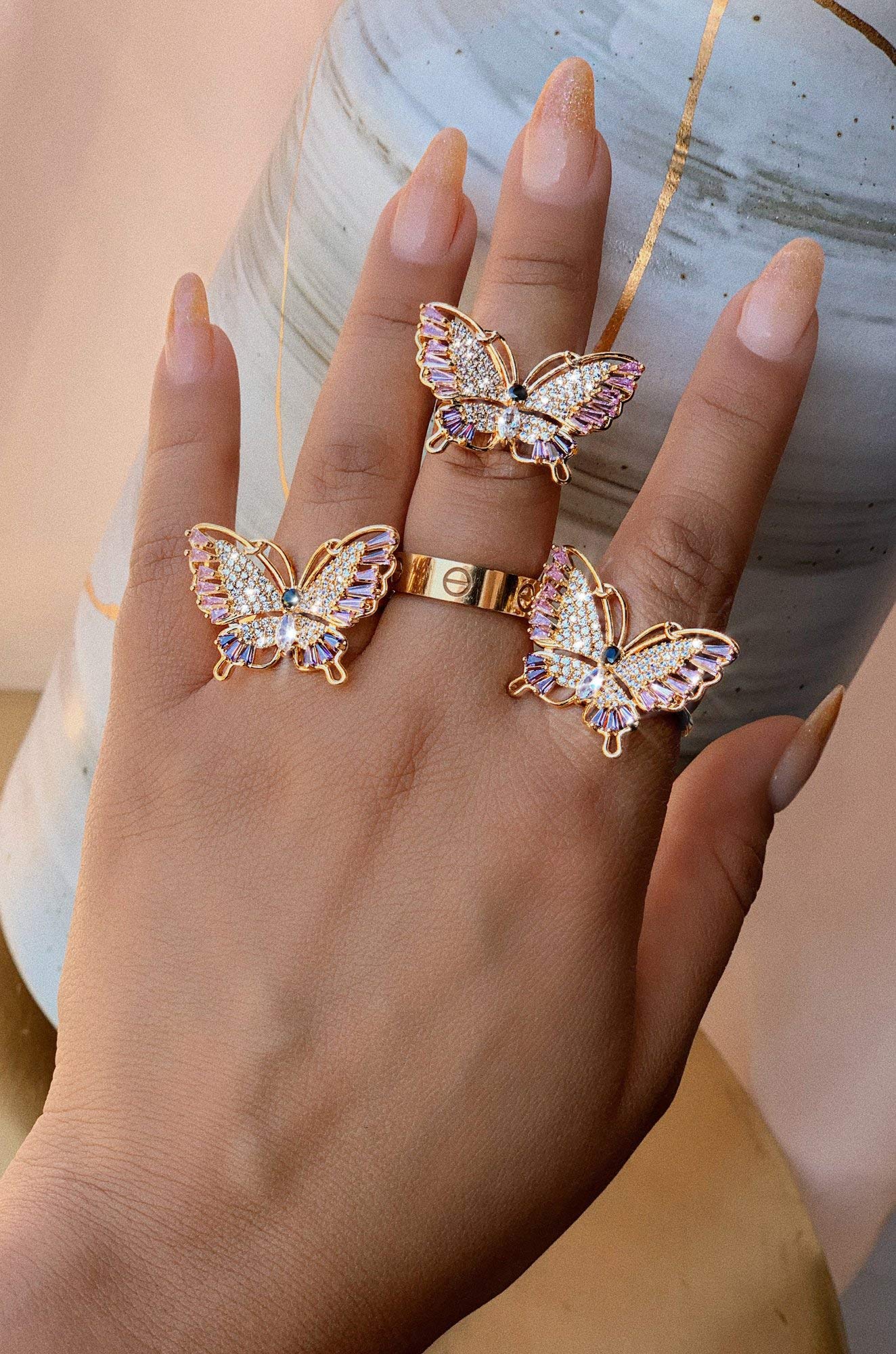 Lavencious Butterfly Design with AAA CZ Color Stones Adjustable Statement Rings for Women (Gold + Multi Color CZ)