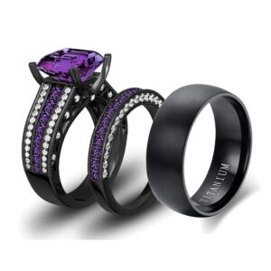 LOVERSRING Two Rings His and Hers Couple Ring Bridal Set His Hers 3pc Women Black Gold Plated Violet Cz Man Titanium Wedding Ring Band Set