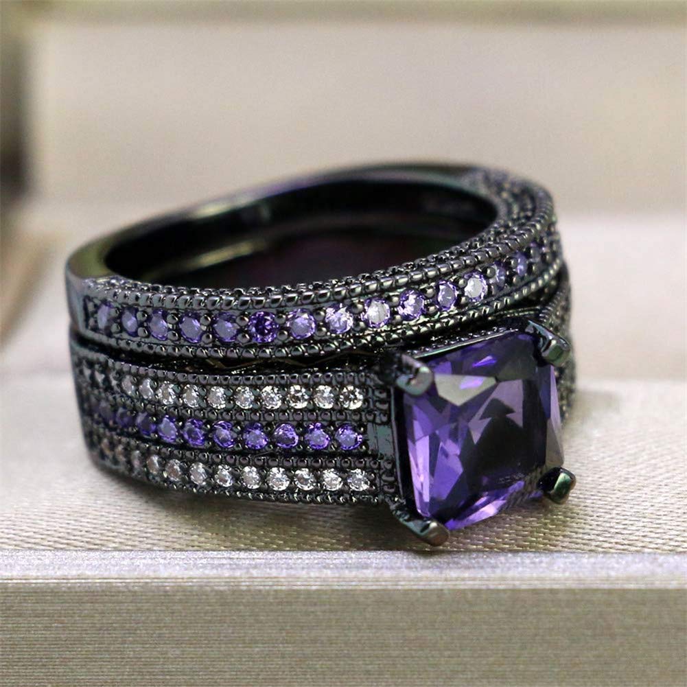 LOVERSRING Two Rings His and Hers Couple Ring Bridal Set His Hers 3pc Women Black Gold Plated Violet Cz Man Titanium Wedding Ring Band Set