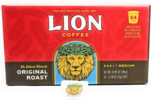 lion coffee single serve coffee pods original roast (pack of 54) with exclusive lion coffee factory direct brand registered sticker, an island favorite