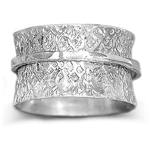 Boho-Magic 925 Sterling Silver Spinner Ring for Women Hammered Fidget Ring Wide Band (8)