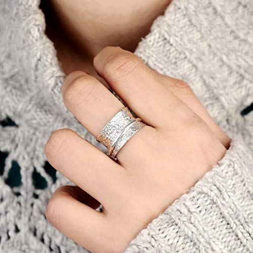 Boho-Magic 925 Sterling Silver Spinner Ring for Women Hammered Fidget Ring Wide Band (8)