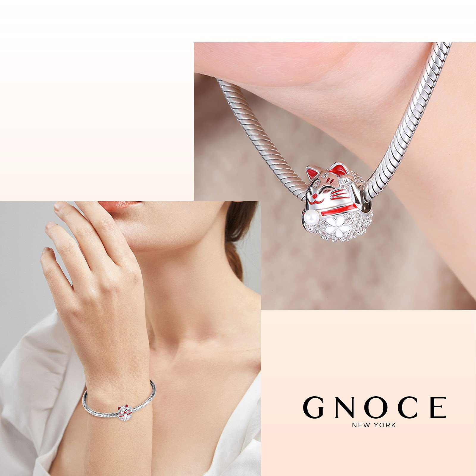 GNOCE Lucky Cat Charms for Women Sterling Silver “Wish You Luck” Cute Cat Bead Charm with Cubic Zirconia Fit Bracelet Necklace Gifts for Daughter & Friends Pet Lovers (Lucky Cat)