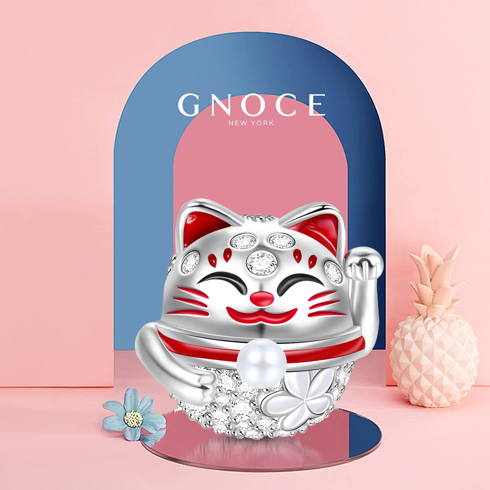 GNOCE Lucky Cat Charms for Women Sterling Silver “Wish You Luck” Cute Cat Bead Charm with Cubic Zirconia Fit Bracelet Necklace Gifts for Daughter & Friends Pet Lovers (Lucky Cat)