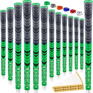 saplize cross corded golf grips 13 pack, low taper design, multi-compound hybrid golf club grips, 13 grips with 15 tapes, standard size, green, cl03 series