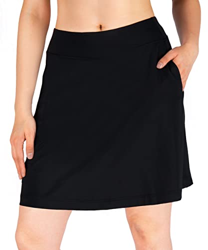 Yogipace Women's 4 Pockets UV Protection 17" Long Tennis Running Skirt Athletic Golf Skort Black Size L