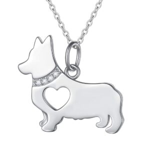 FLYOW 925 Sterling Silver Hollow Heart Corgi Dog Pendant Necklace Jewelry for Women Corgi Lover Gifts,18" (Corgi Necklace)